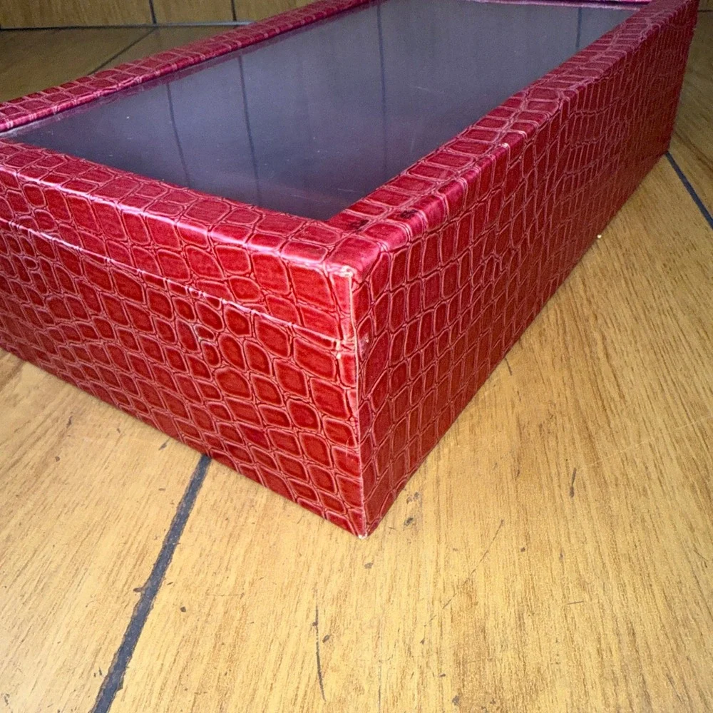 Prestige Red Faux Croc Jewelry Box Organizer with Plastic Lid and 4 Compartments
